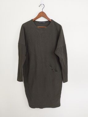 elemente CLEMENTE Olive Green Ribbed Asymmetrical Lagenlook Sweater Dress